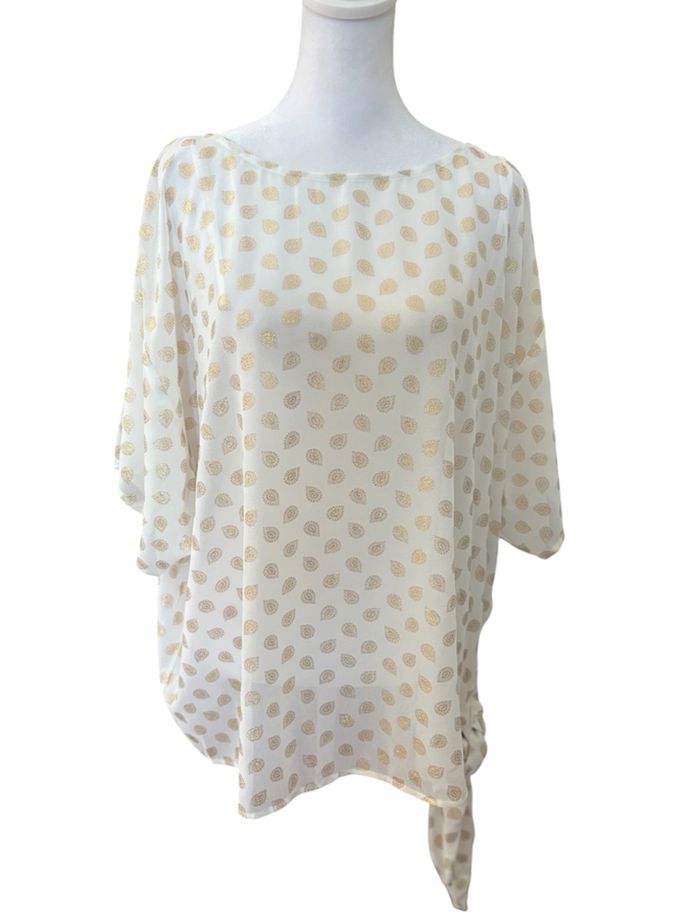New Michael Kors Cream Metallic Gold Paisley Chiffon Side Tie Sheer Top Size 0X